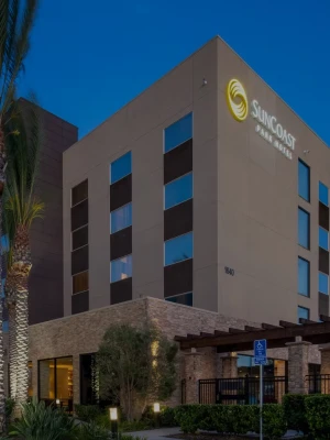 A modern hotel at dusk with a tall palm, entrance canopy, and a lit JDC? hotel sign on the building; blue sky and landscaping front. Ending period.