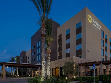 A modern hotel building at dusk with a palm tree, entrance canopy, and a lit sign reading &ldquo;Quality Inn&rdquo; on the facade.